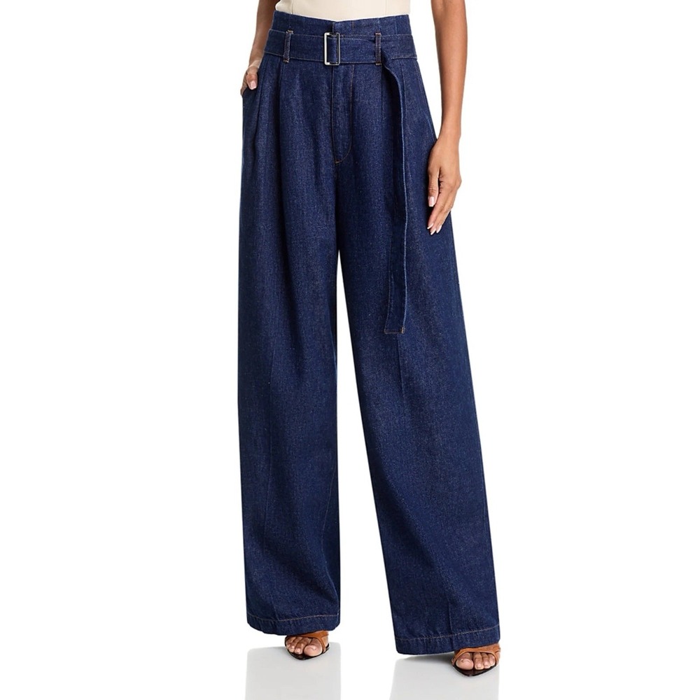 FRAME The Paper Bag Trouser Jeans Size 30 Blue Belted High Rise Wide Leg Pleated